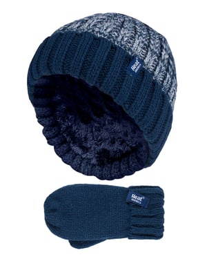 Wärmehalter - Kinder Jungen Winter gestrickt Thermofleece gefüttert Cuffed Beanie Mütze und Handschuhe Set - NTO2P6