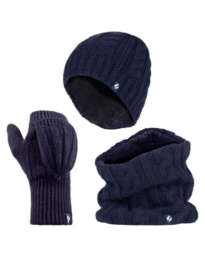 Heat Holders - Womens Thermal Winter Fleece Mütze, Halswärmer und Konverter Handschuhe Set - Navy