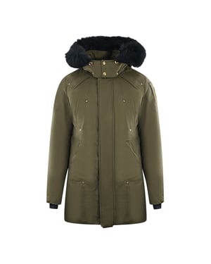Moose Knuckles Stage Lake Parka-Daunenjacke mit schwarzem Besatz und grüner Farbe