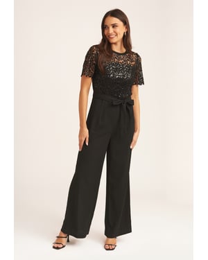 Schwarz Floral Spitze Pailletten Gürtel Anlass