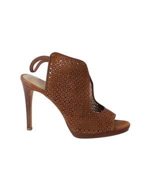 Tory Burch Lasergeschnittene Peeptoe-Sandalen aus braunem Leder