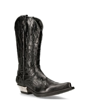 New Rock Flame Biker-Cowboystiefel aus schwarzem Leder mit Akzent – M-7921-S1