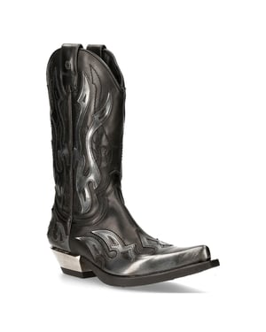 New Rock Flame Biker-Cowboystiefel aus schwarzem/silbernem Leder mit Akzent – ​​M-7921-S3
