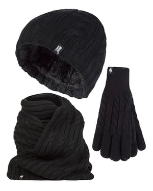 Damen-Set aus Strickmütze, Schal und Handschuhen | Wärmehalter | Mit Fleece gefüttertes Thermo-Kaltwetter-Set für Damen für den Winter, Schwarz