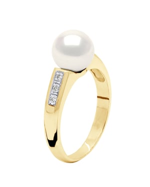 Ringschmuck Diamant 0,06 cts – Gelbgold – echte Süßwasser-Zuchtperle, rund 8–9 mm