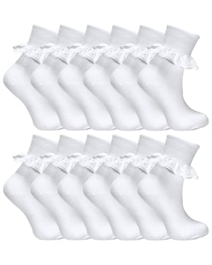 12 Paar Multipack White Frilly Lace Socken | 7 Größen | Sock Snob | Girls Cute Cotton Rich School Socken - Weiß
