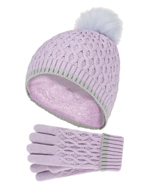 Wärmehalter - Thermoisolierte Pom Pom Bommelmütze und Handschuhe für Mädchen | bunte Pastellfarben - Lavendel Frost