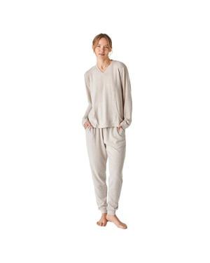 Damen-Pyjama aus weichem Strick mit V-Ausschnitt und langen Ärmeln JJB5