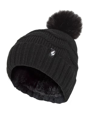 Damen Winter Pelz Beanie Mütze | Wärmehalter | Zickzack gemusterte Pom Pom Hut | Womens Thermal Cuff Bobble Hat - Schwarz