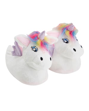 Kinder Einhorn Plüsch Hausschuhe mit Regenbogen Haar | Geschenk für Sie - Weiß