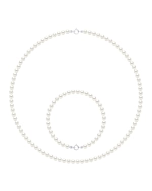 Das Set Halskette/Armband besteht aus: Halskette aus echten Süßwasser-Zuchtperlen, rund 4–5 mm
