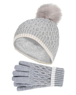Heat Holders - Thermoisolierte Pom Pom Bommelmütze und Handschuhe für Mädchen | Bunte Pastellfarben - Wolkengrau