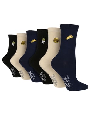 6 Pack Damen Schwarz Neuheit Socken | Wildfeet | Cute bestickte Socken in Baumwolle - Fast Food