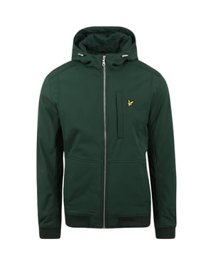 Dunkelgrune Softshelljacke mit Kapuze und Logo von Lyle & Scott