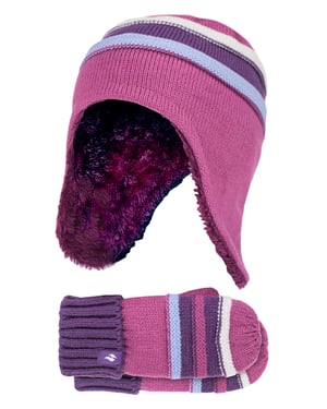 Wärmehalter - Mädchen Winter Warm Pom Pom Bobble Beanie Mütze und Handschuhe Set - Rot Violett