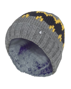 Wärmehalter - Jungen dicke gerippte gewebte gestrickte weiche Pom Pom Bobble Beanie Mütze - Pebble Melange/Gold/Navy