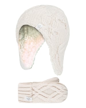 Wärmehalter - Mädchen Majestic Soft Cosy Kabel gestrickt Design Bobble Trapper Mütze und Fäustlinge Handschuhe Set - Buttercream