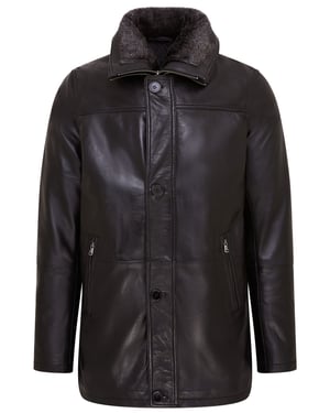 Schwarzer, mittellanger, warmer Trenchcoat aus Leder für Herren - Varkaus