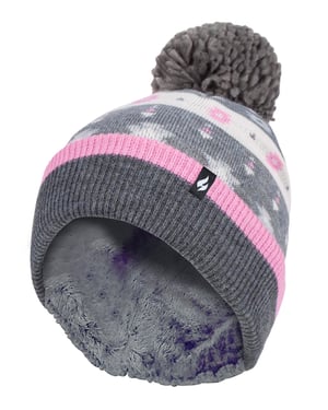 Heat Holders - Ladies Warm Knit Fleece gefüttert Winter Warme Mütze mit Pom Pom - Pink / Grau