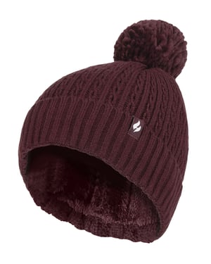 Damen-Thermokabel-Beanie-Mütze | Wärmehalter | Gestrickte Wintermütze mit Bommel | Weiche, gerippte Bommelmütze in Weinrot