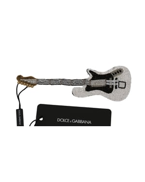 Dolce & Gabbana Weiße Gitarre Pailletten Perlen Markenansticker Brosche