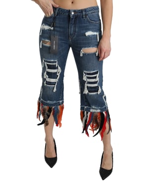 Dolce & Gabbana - Kurze, tief sitzende Baumwolljeans mit blauem Federmuster für Damen
