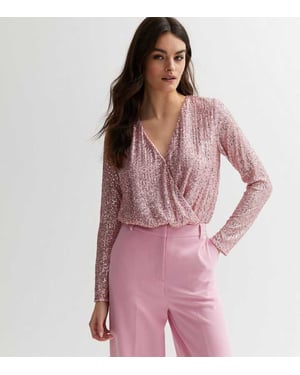 Pailletten-Wickel-Bodysuit mit langen Ärmeln