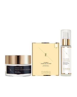Anti-Falten Nachtfeuchtigkeitscreme 24k Gold 50ml + Hyaluronsäure & Kollagen Serum - 60ml + Vitamin C Hydrogel Augenpads x 5