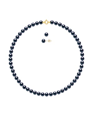 DIADEMA - Set - Halskette/Ohrringe - Echte Süßwasserperlen - Schwarzer Tahitian Style - Gelbgold