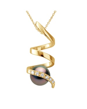 Anhänger Spiraldiamanten 0,06 cts – Qualität HSI – Gelbgold – echte Tahiti-Zuchtperle rund 7–8 mm