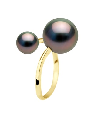Ring Duo - Gelbgold - 2 echte Tahiti-Zuchtperlen rund 7-8 und 11-12 mm