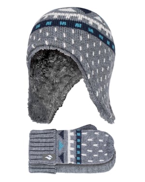 Wärmehalter - Jungen Outdoor Kunstfell Pom Pom Mütze mit Ohrenklappen & Fäustlinge Handschuhe - Pebble Melange