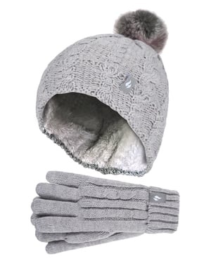 Wärmehalter - Set aus Bommelmütze und Handschuhen für Mädchen | Mütze mit umgeschlagener Manschette und Kabelstrickhandschuhe - Frostgrau meliert