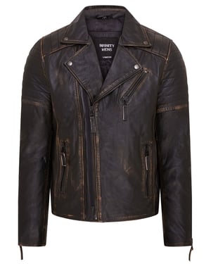 Schwarze Brando-Bikerjacke aus Leder im Vintage-Stil mit doppeltem Kreuzreißverschluss für Herren – Fagernes