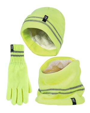 Hi Vis Mütze, Halswärmer & Handschuhe Set | Wärmehalter | Reflektierende Arbeitskleidung Set für extrem kaltes Wetter - Gelb
