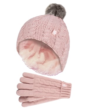 Wärmehalter - Mädchen Bommel Pom Pom Mütze und Handschuhe Set | Turn Over Cuff Hat & Cable Knit Gloves Style - Dusky Pink