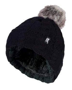 Wärmehalter - Damen Strickfleece gefütterte Thermo-Bommelmütze mit Pom Pom