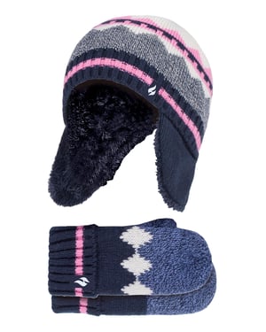 Wärmehalter - Girls Nordic Pattern Fairisle Design Trappermütze mit Pom Pom und Fäustlinge Handschuhe Set - Navy
