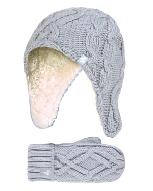 Wärmehalter - Mädchen Majestic Soft Cosy Kabel gestrickt Design Bobble Trapper Mütze und Handschuhe Handschuhe Set - Frost Grey