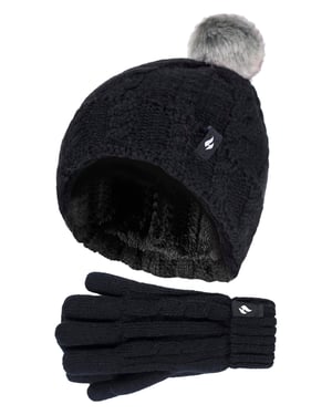 Wärmehalter - Girls Bobble Pom Pom Hat and Gloves Set | Turn Over Cuff Hat & Cable Knit Gloves Style - Schwarz