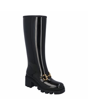 Gucci Damen kniehohe Gummistiefel mit Pferdemotiv aus schwarzem Leder
