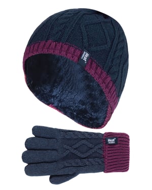 Wärmehalter - Kinder Mädchen niedlich Kabel gestrickt warm Fleece gefüttert Pompom Wintermütze und Handschuhe Set mit Bommel - NP2P13