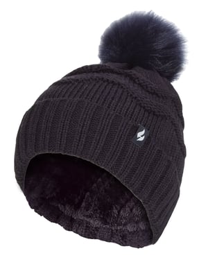 Damen Winter Pelz Beanie Mütze | Wärmehalter | Zickzack gemusterten Pom Pom Hut | Damen Thermal Cuff Bobble Hat - Navy