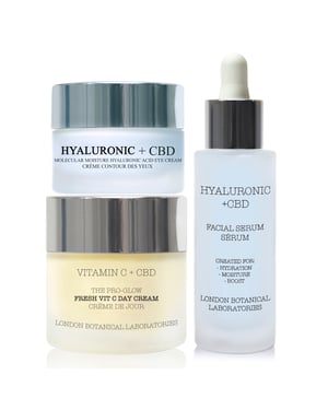 Vitamin C + CBD | Der Pro-Glow Frischer Vit C Tagcreme 50ml + Hyaluronsäure + CBD Molekulare Feuchteimpuls Augencreme 20ml + Hyaluronsäure + CBD Feuchteimpuls-Serum 30ml