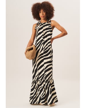Maxikleid mit Zebramuster und Krawattenschulter