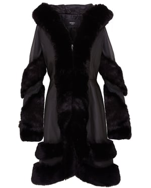Ausgestellter schwarzer Cape-Mantel aus Leder mit Kapuze und Pelz für Damen - Mandal