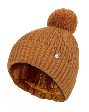 Ladies Thermal Cable Beanie Hat | Heat Holders | Winter Knitted Pom Pom Hat | Soft Ribbed Bobble Hat - Senf