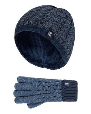 Wärmehalter - Jungen Kinder Kabel stricken warmes Fleece gefüttert thermische Wintermütze und Handschuhe Set - DN1P7