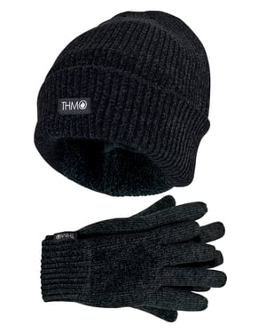 Damen Thinsulate Mütze und Handschuhe Set | THMO | Weiche Chenille gerippte Beanie Mütze & Handschuhe für Frauen - Schwarz