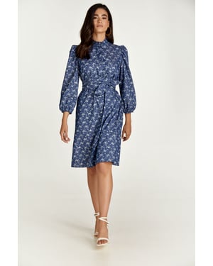 Langärmeliges Kleid mit Blumenmuster in Indigo